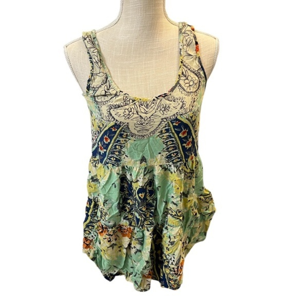 Angie Mint Green Floral Scoop Neck Tank with Navy & Cream Accents